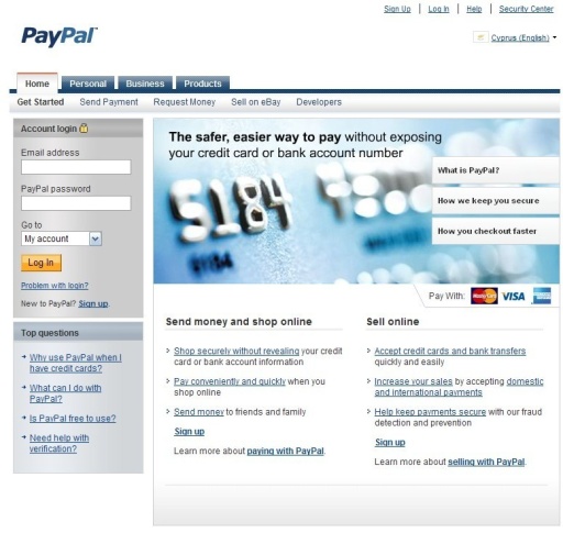 Платёжная система PayPal - главная страница